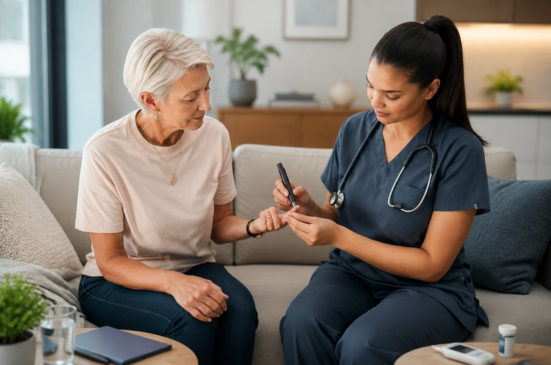 Endocrinologista conversando com paciente sobre o controle da glicose no diabetes tipo 2