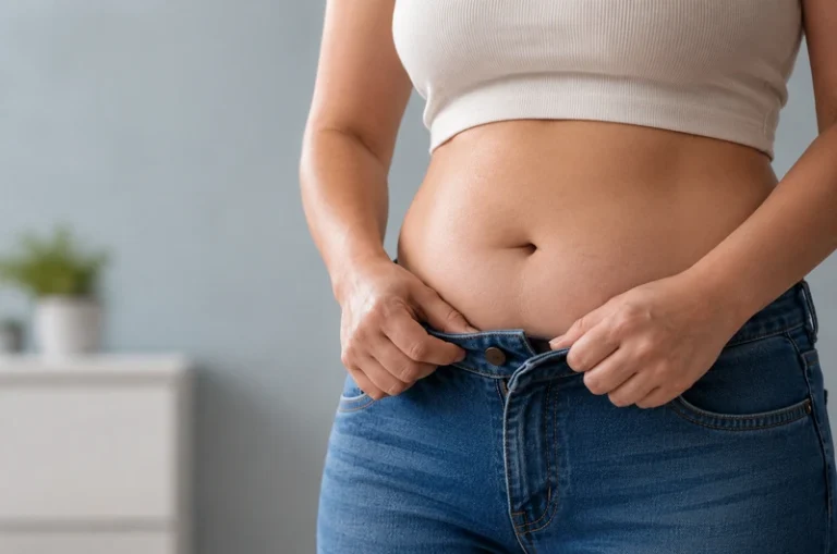 Mulher não consegue fechar o botão da calça devido ao ganho de peso.