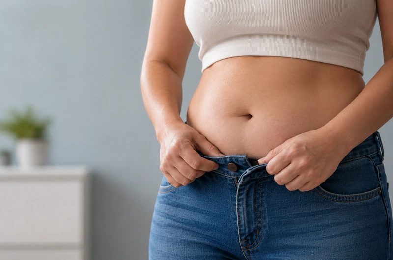 Mulher não consegue fechar o botão da calça devido ao ganho de peso.