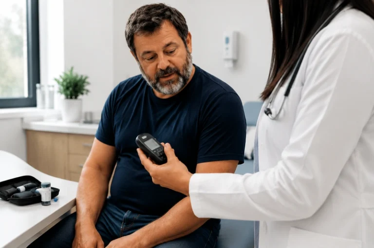 Paciente analisando resultado de exame com glicose alta durante avaliação médica