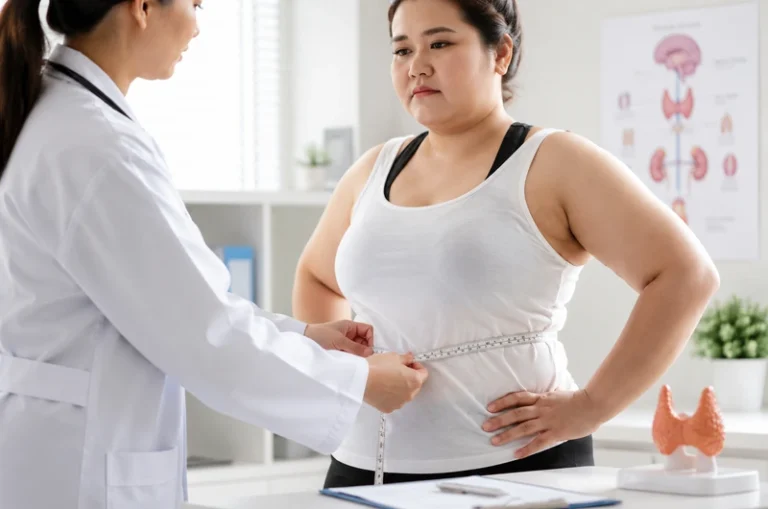 Médica endocrinologista conversando com paciente durante consulta