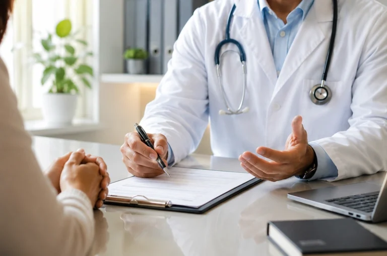 Endocrinologista analisando exames laboratoriais de rotina em consultório médico.