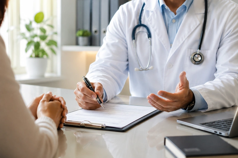 Endocrinologista analisando exames laboratoriais de rotina em consultório médico.