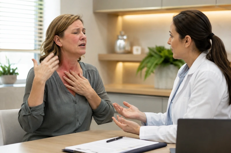 Mulher adulta durante a menopausa conversando sobre sintomas em consulta médica