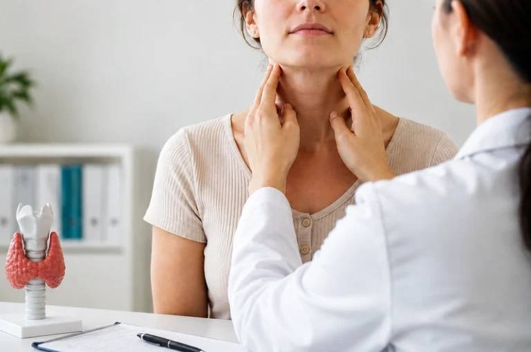 Endocrinologista avaliando paciente com suspeita de hipotireoidismo