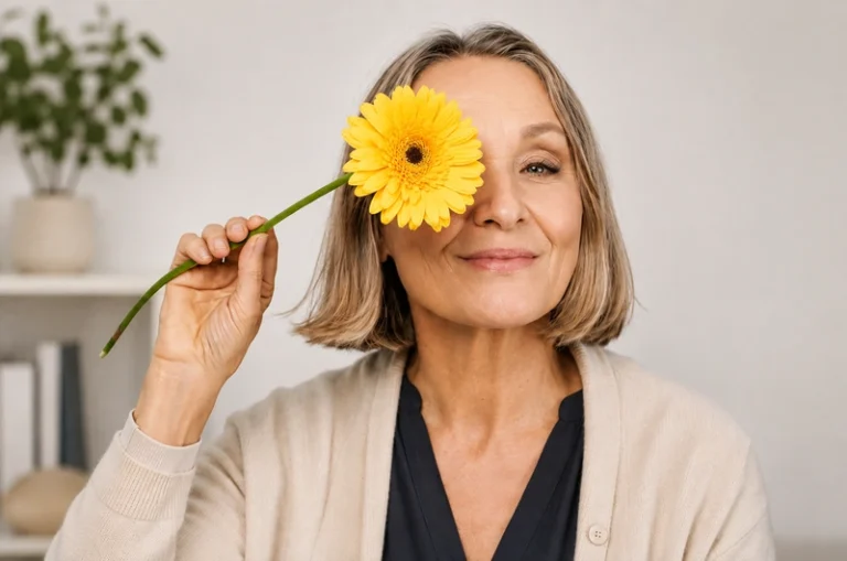 Mulher madura segurando uma flor amarela, representando saúde feminina, menopausa e reposição hormonal.