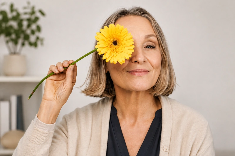 Mulher madura segurando uma flor amarela, representando saúde feminina, menopausa e reposição hormonal.