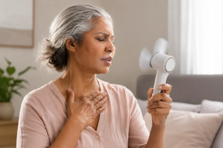 Mulher madura com ondas de calor da menopausa usando ventilador portátil para aliviar o desconforto.