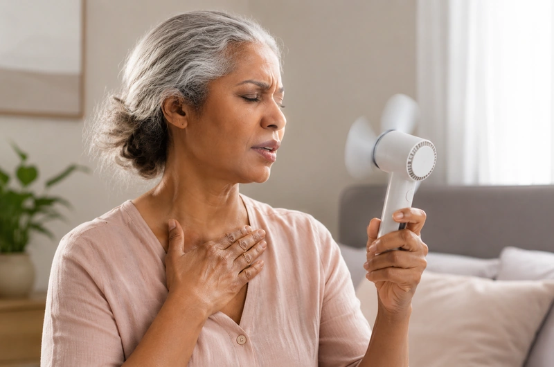 Mulher madura com ondas de calor da menopausa usando ventilador portátil para aliviar o desconforto.