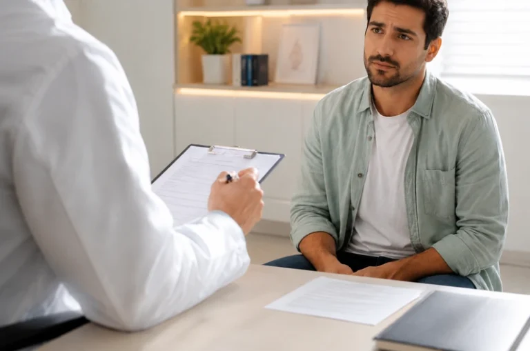 Homem em consulta médica para avaliação de sintomas de testosterona baixa