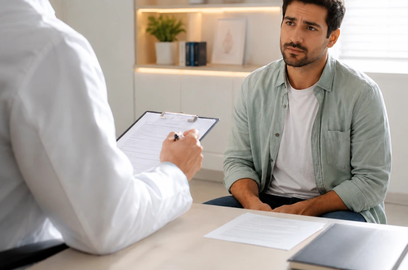 Homem em consulta médica para avaliação de sintomas de testosterona baixa