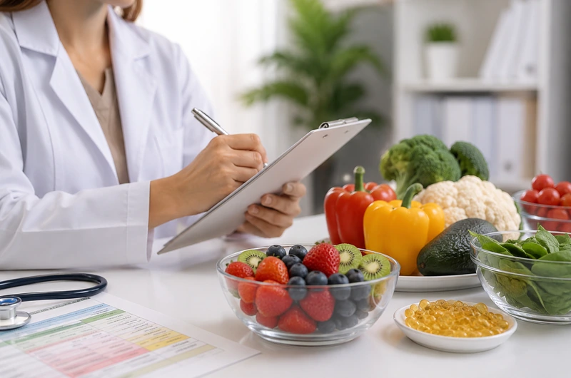 Médica avaliando exames relacionados a vitaminas e deficiências nutricionais
