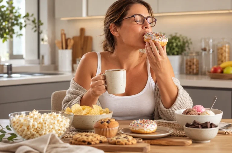 Mulher durante refeição representando fome constante e dificuldade de saciedade