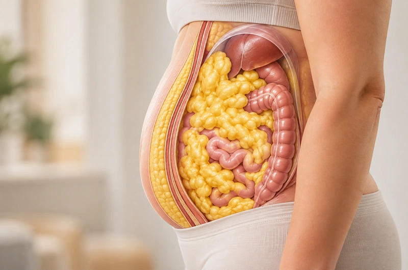 Representação anatômica da gordura visceral ao redor dos órgãos abdominais