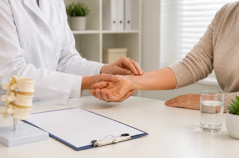 Mulher adulta em consulta médica sobre prevenção da osteoporose e saúde óssea
