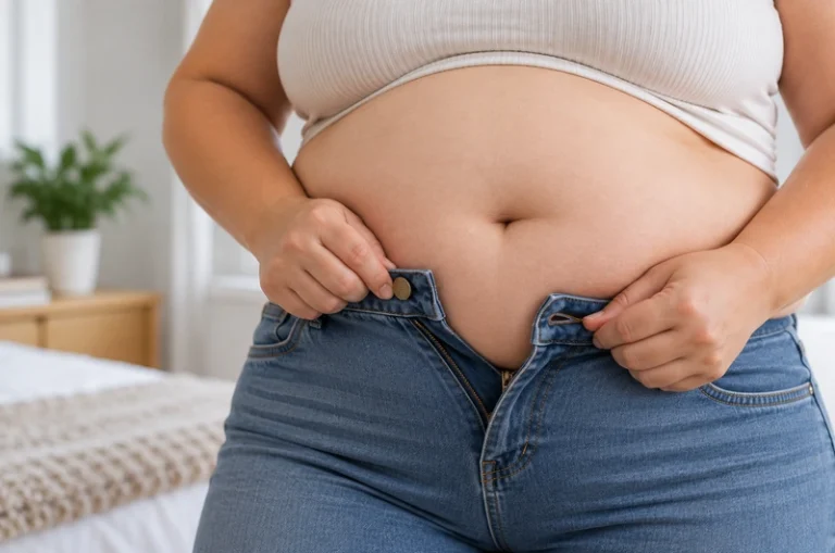 Pessoa tentando fechar uma calça jeans apertada sobre a região abdominal.